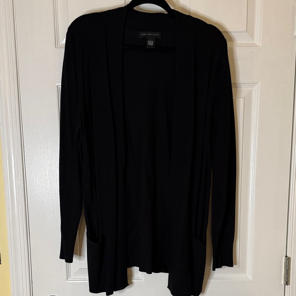 Joan Vass Classic Black Simple Open Cardigan with Pockets